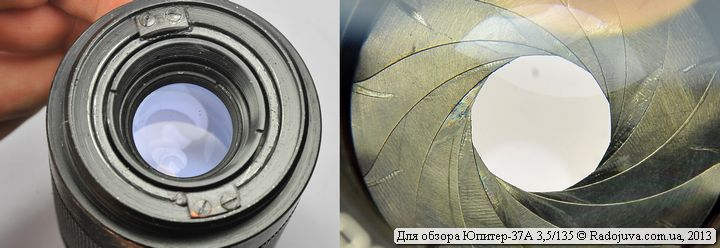 Enlightenment of the rear lens of the Jupiter-37A 3.5 135 lens and the view of the aperture blades