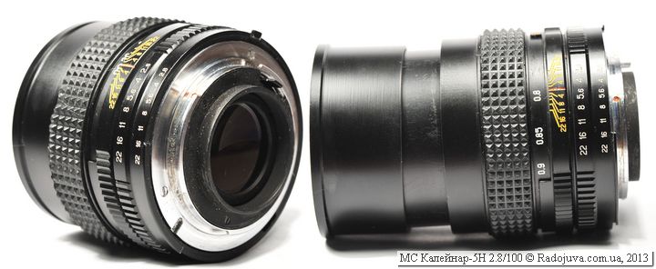 view of the MS Kaleinar-5N 2.8 100 lens from the back and from the side with MDF with an elongated hood