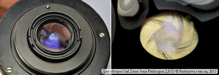 Iluminación de la lente trasera de la lente Carl Zeiss Jena Flektogon F2,8 35mm. Vista de hoja de apertura