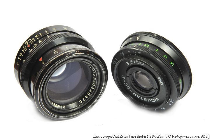 Dimensions of Carl Zeiss Jena Biotar 2/58 compared to Industar-50-2