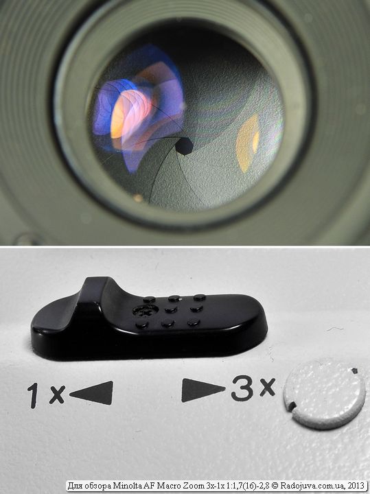 Recubrimiento de lente, vista de apertura Minolta AF Macro Zoom 3x-1x y control deslizante de zoom