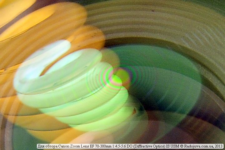 Puede ver los círculos en la lente frontal Canon Zoom Lens EF 70-300mm 1: 4.5-5.6 DO (Óptica difractiva) IS USM