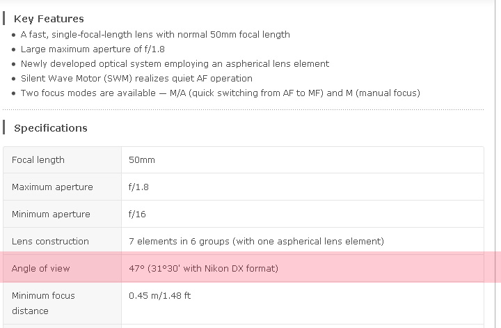Así es como se ve la información sobre el ángulo de visión del lente Nikon AF-S 50mm 1: 1.4G Nikkor en el sitio web oficial de Nikon.