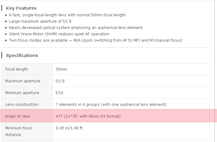 Voici à quoi ressemblent les informations sur l'angle de vue de l'objectif Nikon AF-S 50mm 1: 1.4G Nikkor sur le site officiel de Nikon.