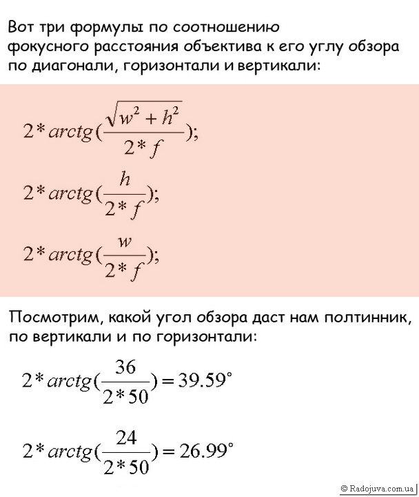 Формули для підрахунку кута огляду по діагоналі, горизонталі, вертикалі. Приклад підрахунку. w=36mm (ширина сенсора), h=24mm (висота сенсора), f=50mm (фокусна відстань об'єктива)