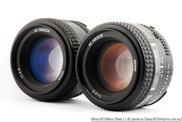 Twee lenzen Nikon AF Nikkor 50mm 1: 1.4D, links - made in China, rechts - made in Japan