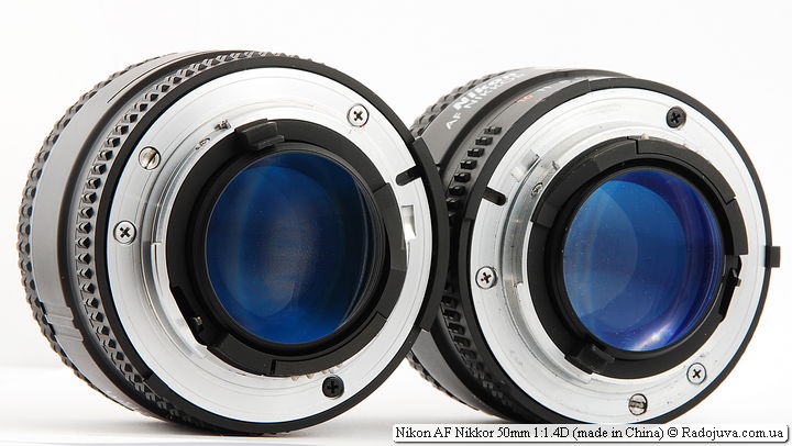 Twee lenzen Nikon AF Nikkor 50mm 1: 1.4D, links - made in China, rechts - made in Japan