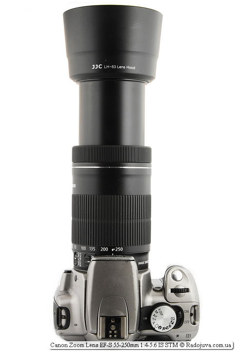 Canon Zoom Lens EF-S 55-250mm 1:4-5.6 IS STM с блендой, на камере Canon EOS 350D Digital