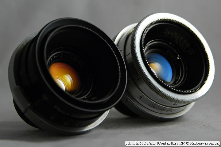 Distintos revestimientos de lentes para JUPITER-12 2,8/35 con montura Contax-Kyiv RF y JUPITER-12 1: 2.8 F = 3.5 cm P