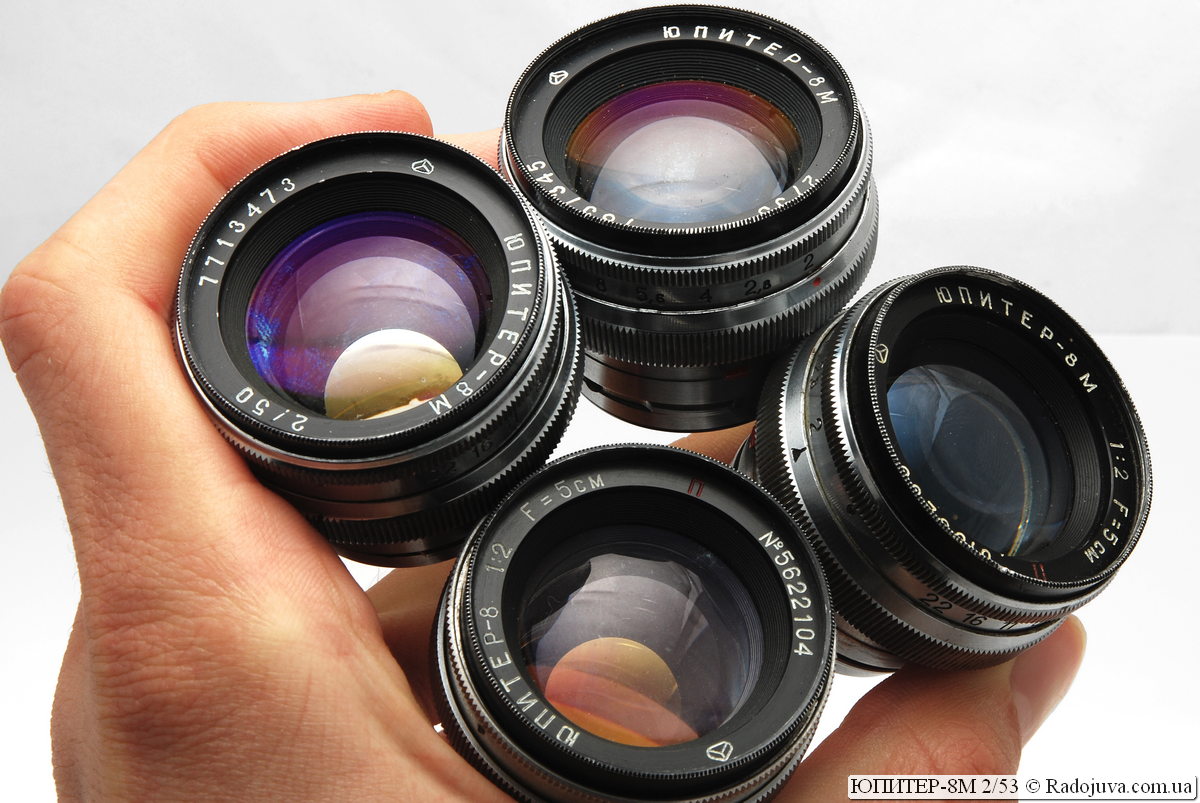 Various modifications of the Jupiter-8 lens: JUPITER-8M 2/53, JUPITER-8M 2/50, JUPITER-8M 1: 2 F = 5cm P and JUPITER-8M1: 2 F = 5cm P
