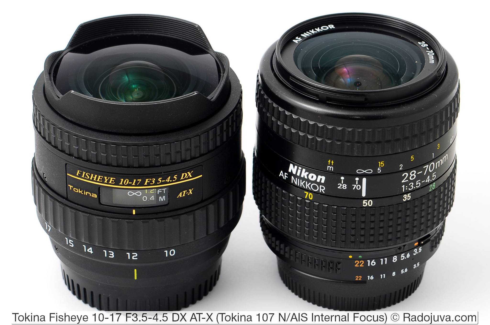 Afmetingen Tokina 107 Fisheye 10-17mm F3.5-4.5 DX AT-X Interne focus en Nikon AF Nikkor 28-70mm 1: 3.5-4.5 (MKI)