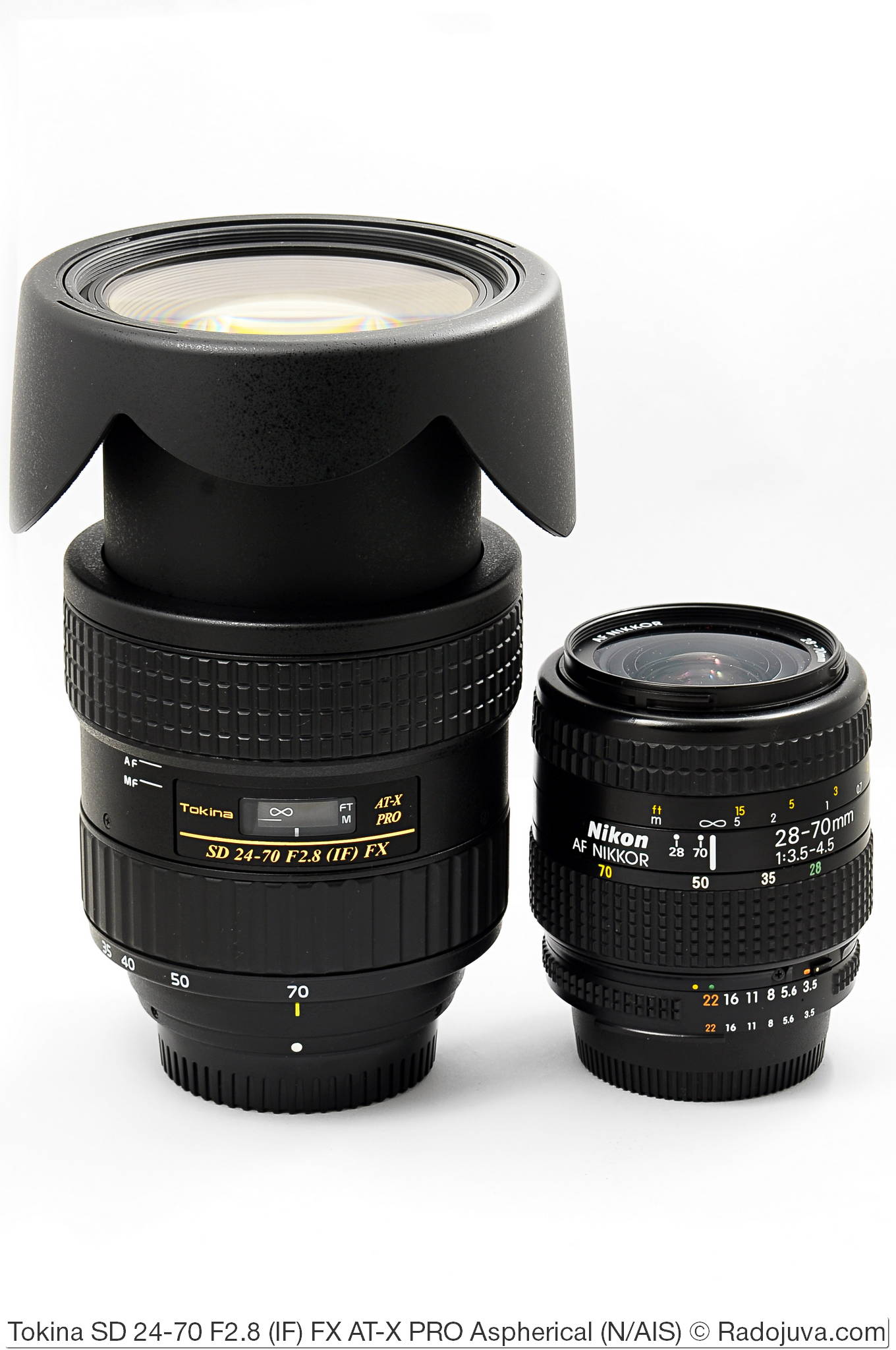 Afmetingen Tokina SD 24-70 F2.8 (IF) FX AT-X PRO Asferisch en Nikon AF Nikkor 28-70mm 1: 3.5-4.5 (MKI)