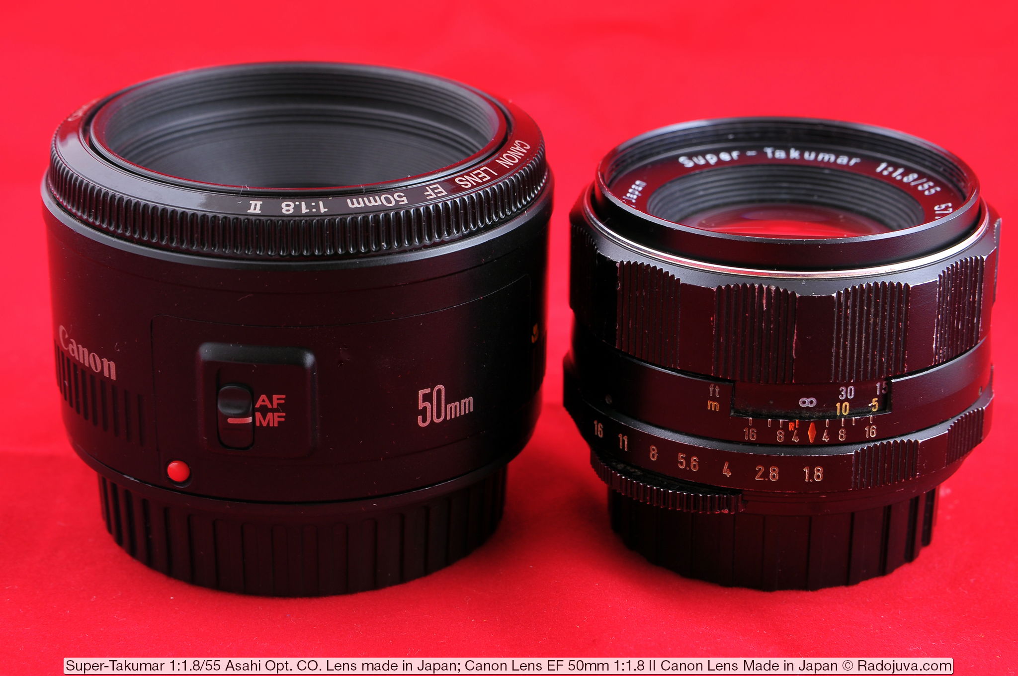 Объективы Super-Takumar 1:1.8/55 Asahi Opt. Co. Lens made in Japan и Canon Lens EF 50mm 1:1.8 II Canon Lens Made in Japan