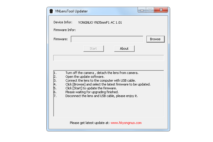 Yongnuo firmwareversie 35 / 1.4 en YNLensTool Updater versie 1.00 vensterweergave