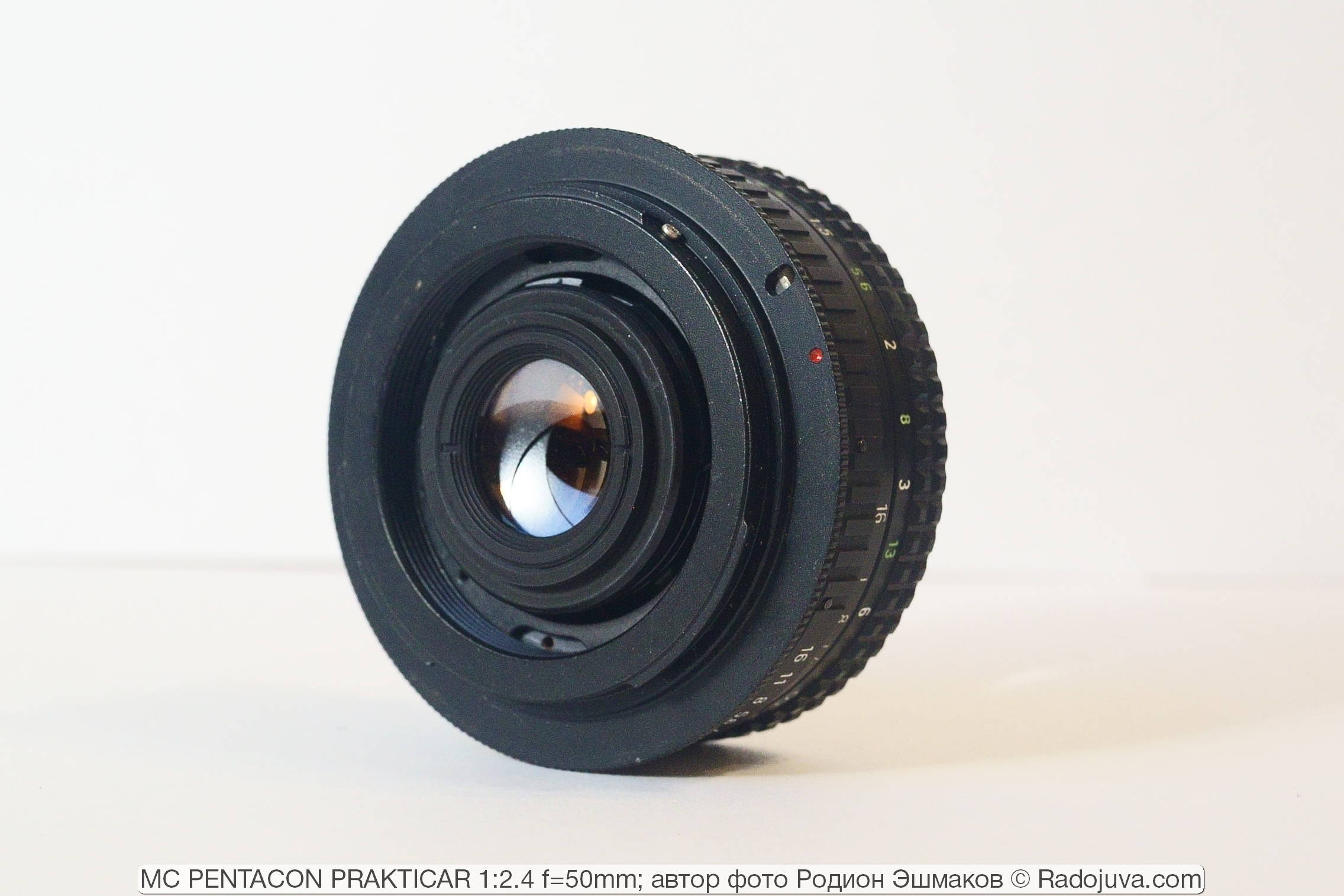 View of the adapted Prakticar 50 / 2.4 from the EF mount side.