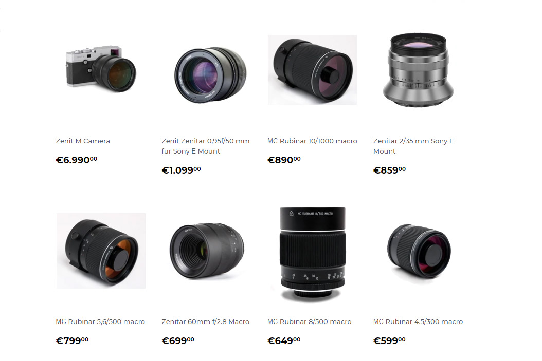 Prices for modern lenses Zenitar and Rubinar