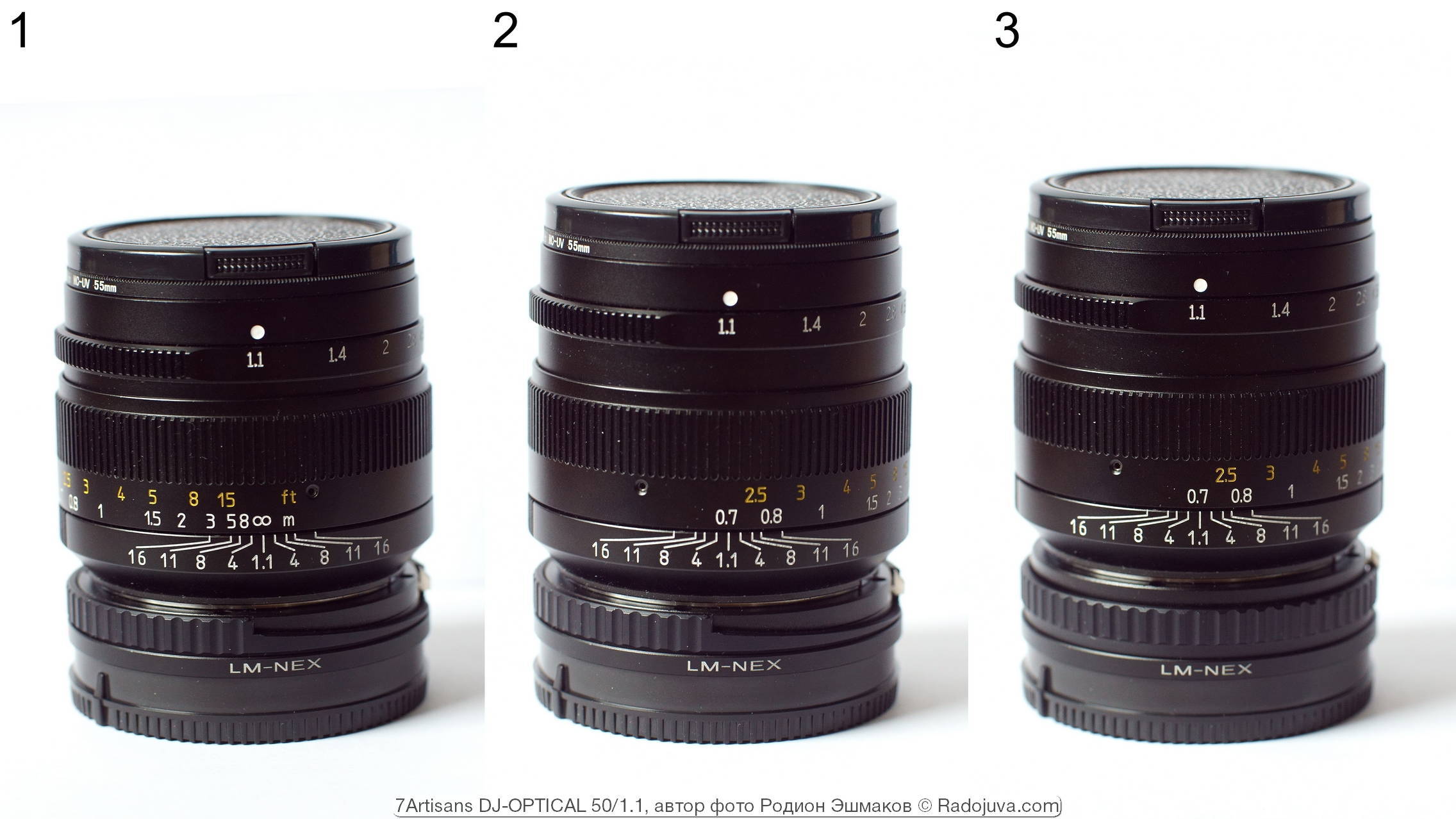 De afmetingen van 7 ambachtslieden wijzigen bij het scherpstellen: 1 - focus op oneindig, 2 - focus op MDF met een helicoïde lens, 3 - focus op MDF met een helicoïde lens en LM-NEX-adapter.