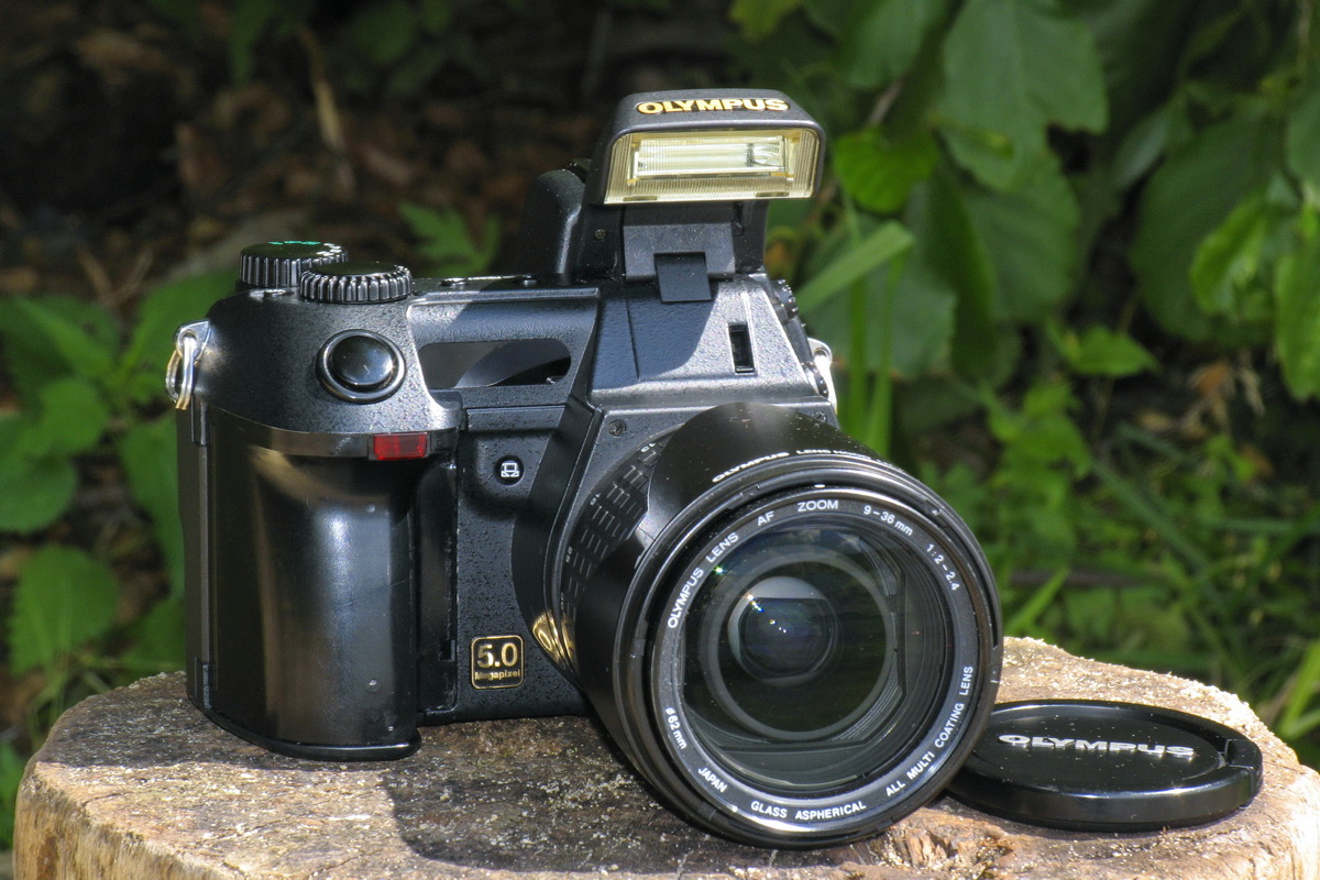 Olympus E-20: Flash up, lens hood in transport position