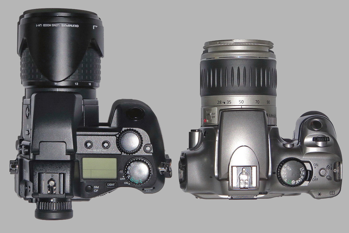 Two DSLRs: Olympus E-20 with 8.8x6.6 mm sensor and Canon EOS 300D with 22.7x15.1 mm sensor
