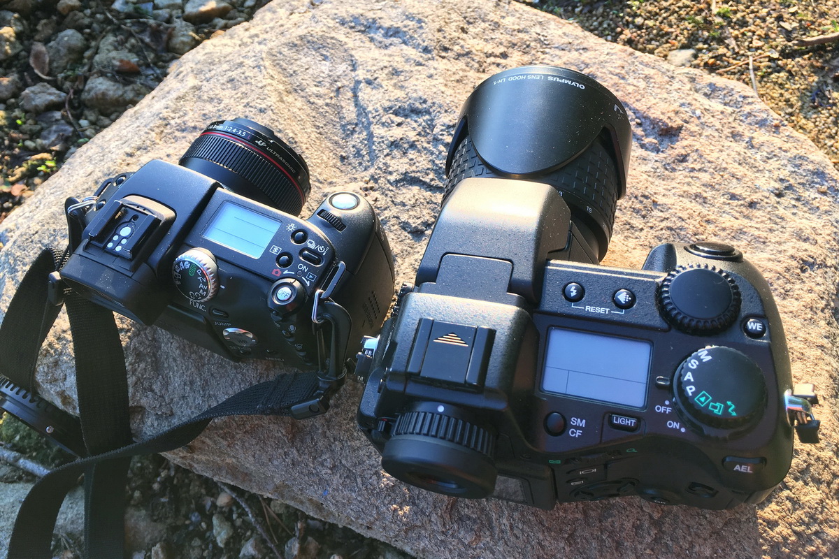 Two "compacts": Canon Pro1 (left) and Olympus E-20 (right)