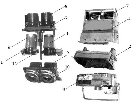 Device device TVNE-4B from the instruction manual. The numbers indicate: 1 - image intensifier tube V-2, 2 - middle body, 3 - shutter with a drive, 4 - body with an image intensifier tube, 5 - power supply, 6 - image intensifier cap, 7 - mirror prism, 8 - lens, 9 - mirror prism , 10 – eyepiece, 11 – image intensifier connector, 12 – image intensifier tube screen.