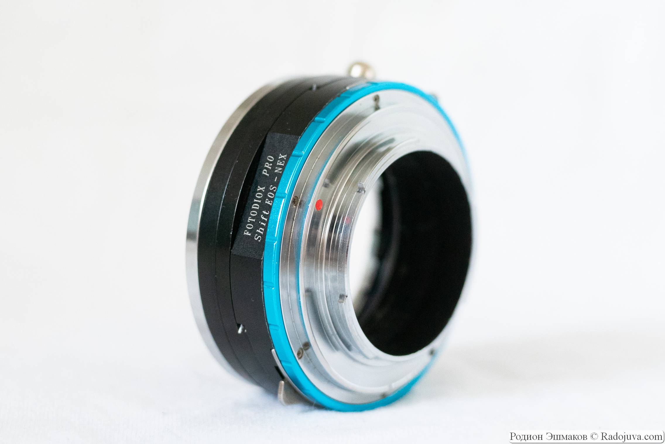 View of the Fotodiox Pro Shift EOS-NEX adapter from the side of the E mount.