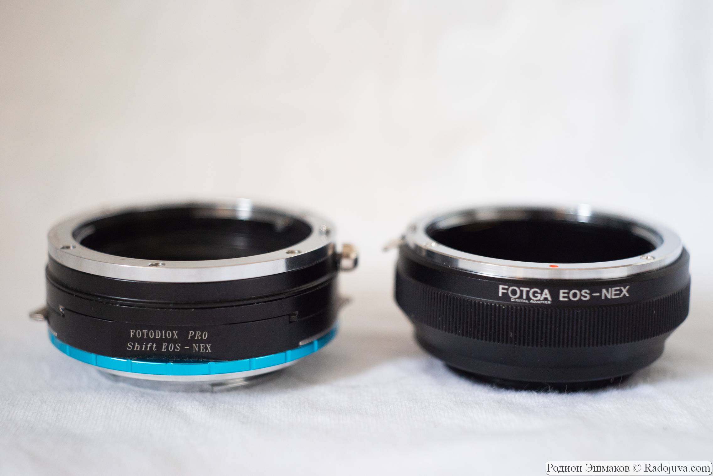Fotodiox PRO Shift EOS-NEX (left) and a regular inexpensive EOS-NEX adapter.