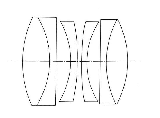 El esquema principal de Kino-Plasmat se distingue por la ubicación de los meniscos internos y el rechazo de la simetría completa.