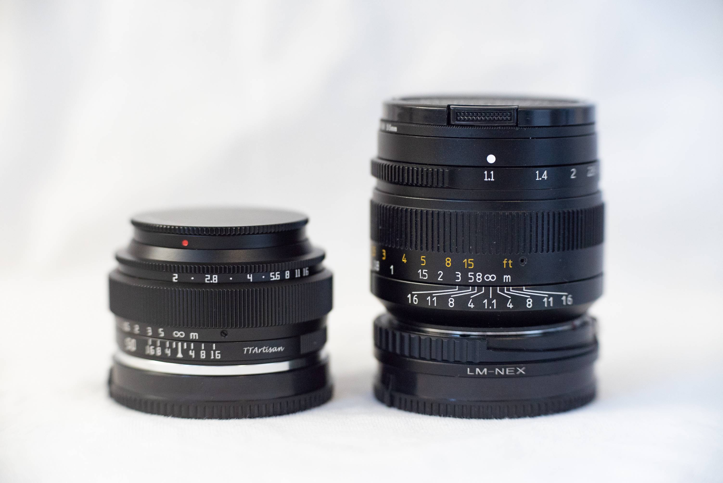 The 7artisans 50/1.1 focusing mechanism is better than the TTArtisan 50/2, but the 50/1.1 rangefinder lens has a large MDF and requires an additional helicoid (for example, LM-NEX) for ease of use.