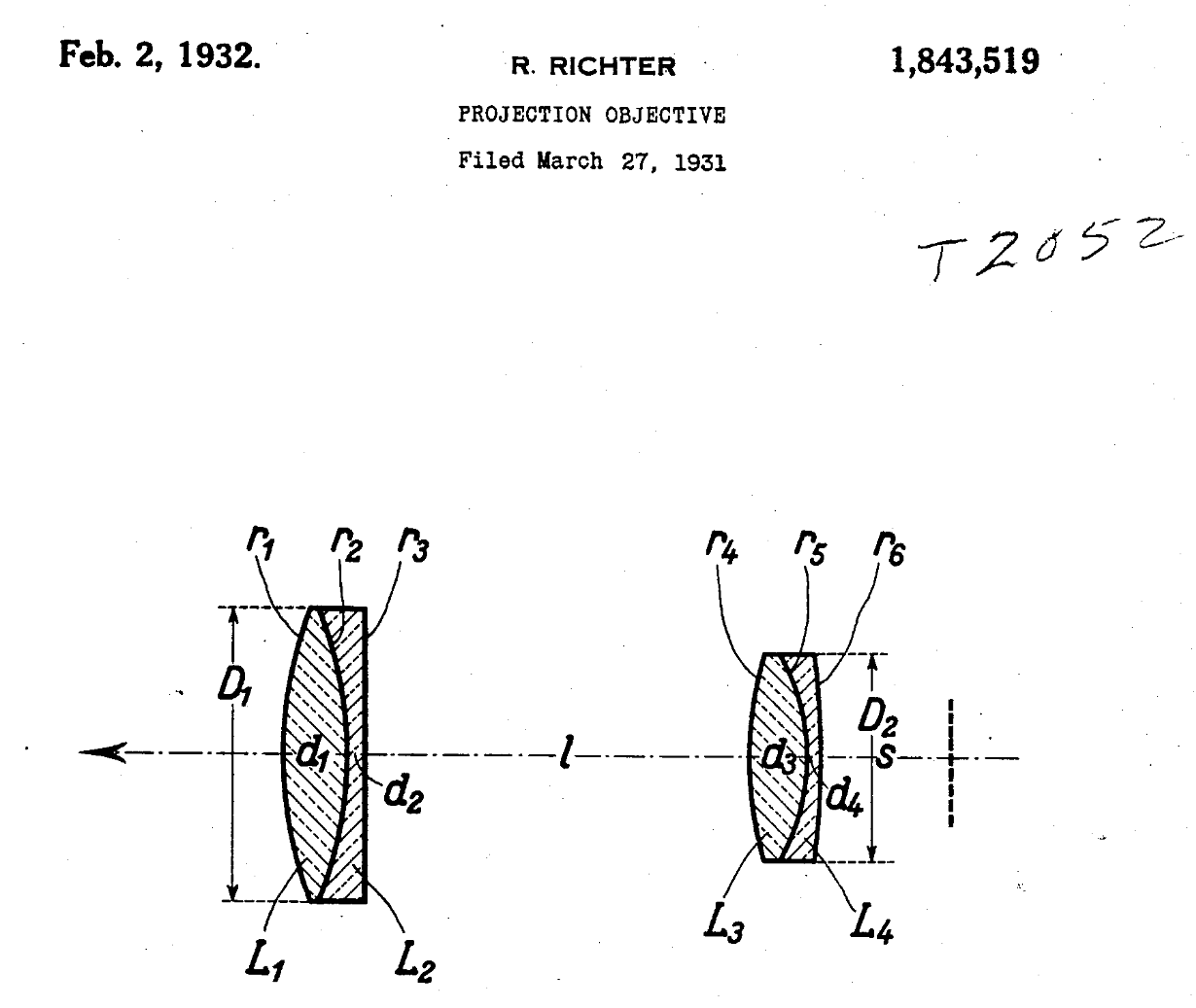 Drawing of the optical design of a projection lens patented by Robert Richter in 1931