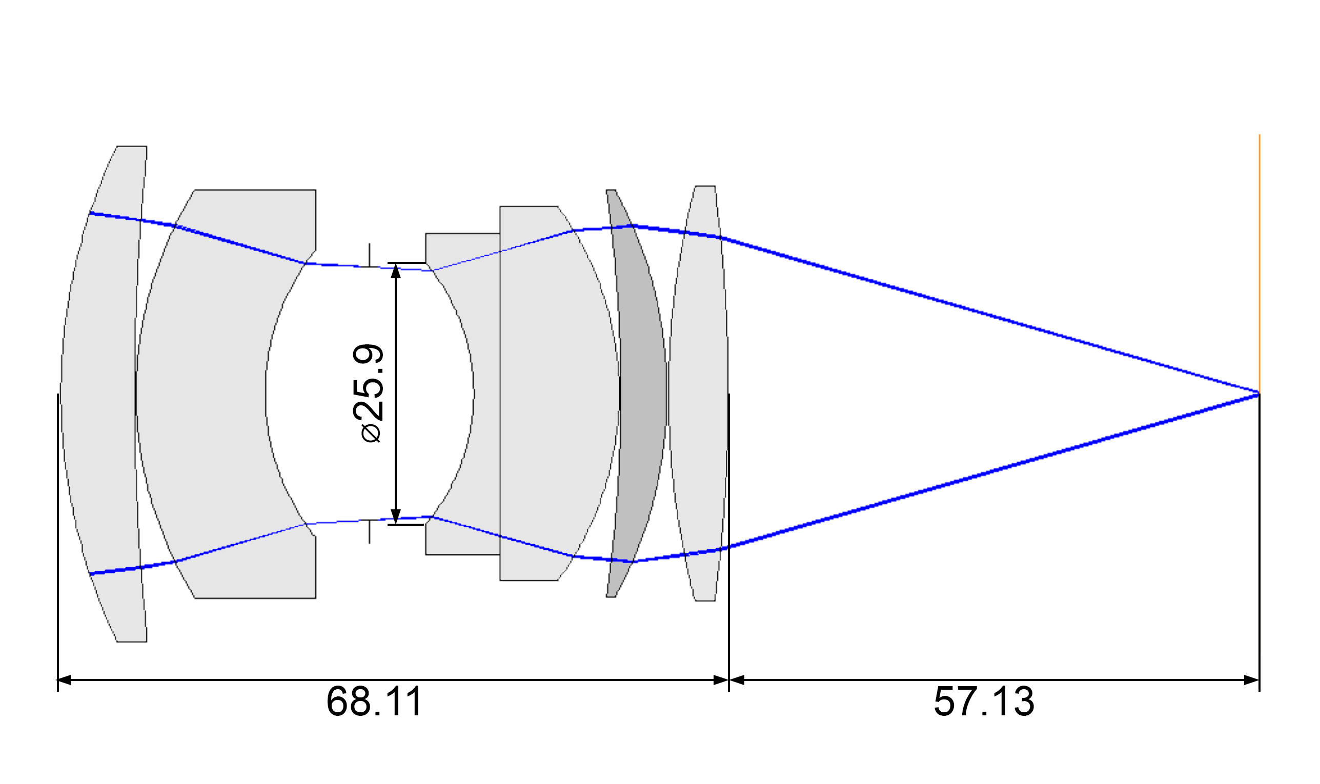 Diagrama esquemático de la lente 35KP-1,8 / 65.